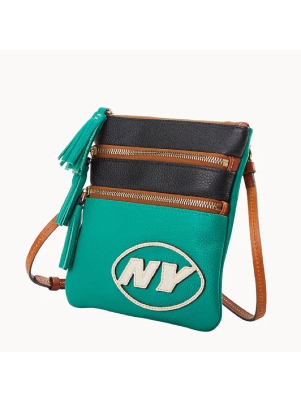 New York Jets Dooney & Bourke 3 Zip Pebbled Leather Crossbody Bag Jade $178 NWT - Picture 3 of 8